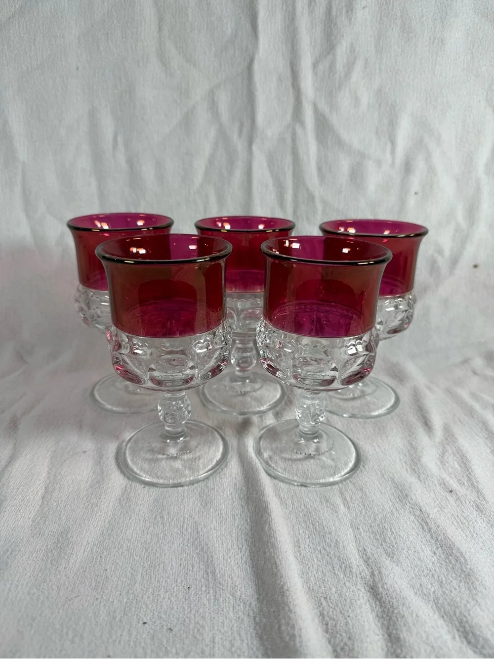 Vintage Set of 5 Tiffin Kings Crown Ruby Red Thumbprint Goblet Glasses